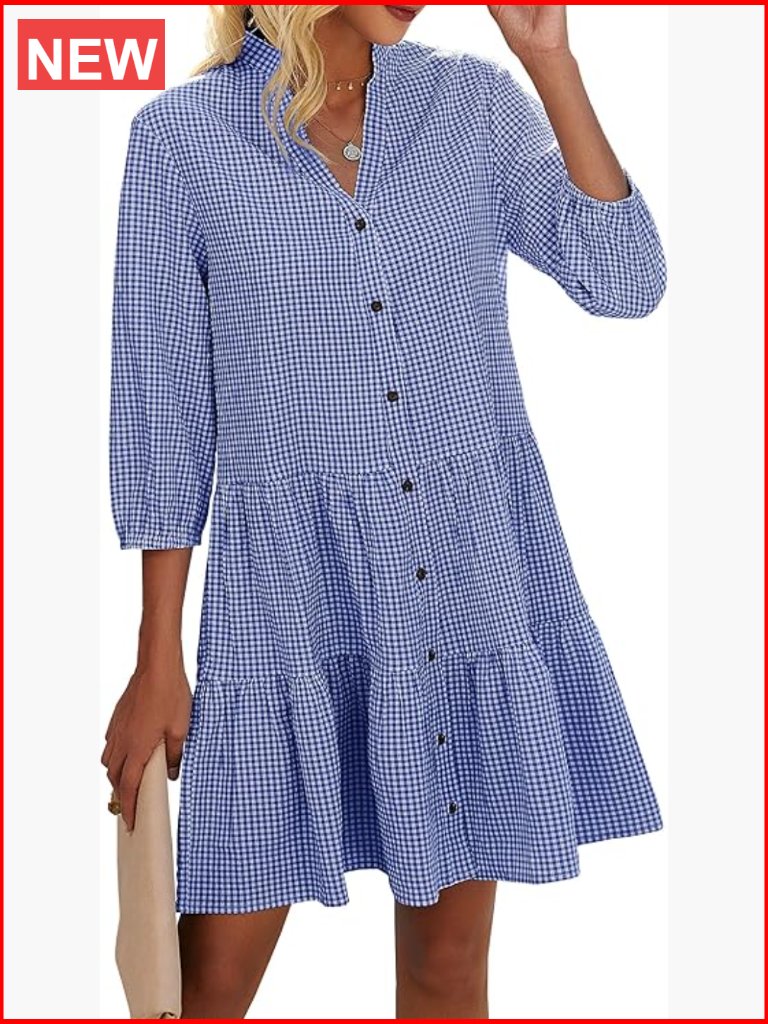 V Neck Button Down 3/4 Sleeve Floral Print Loose Flowy Shirt Dress